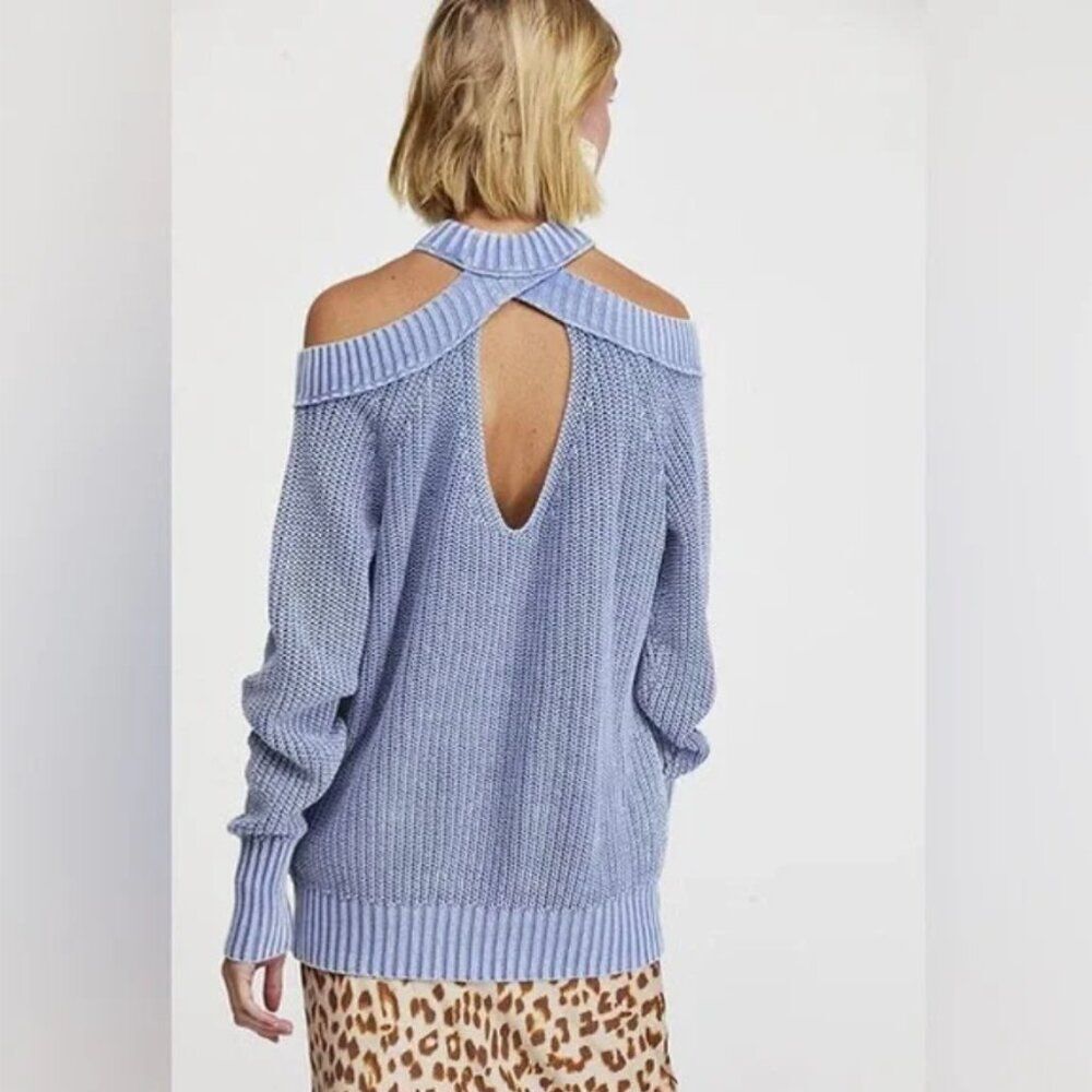 Free People Blue Oversized Slouchy Off-the-Shoulder Cotton Sweater XS Open Back - Picture 11 of 11